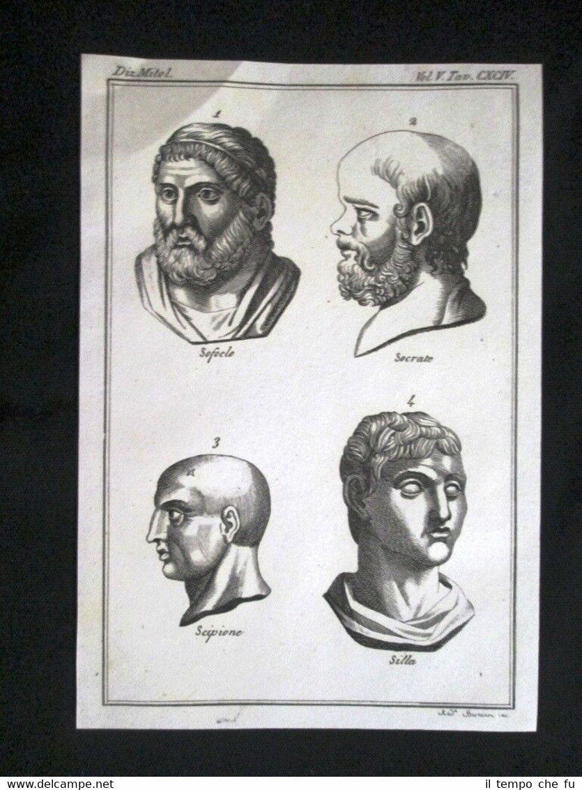 Sofocle, Socrate, Scipione Incisione all'acquaforte del 1820 Mitologia Pozzoli