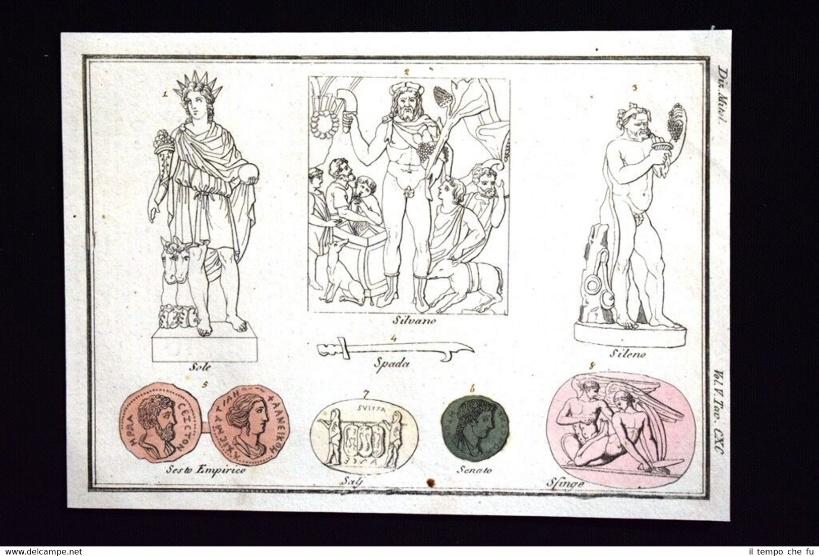 Sole,Silvano,Sileno,Sfinge Incisione colorata a mano del 1820 Mitologia Pozzoli