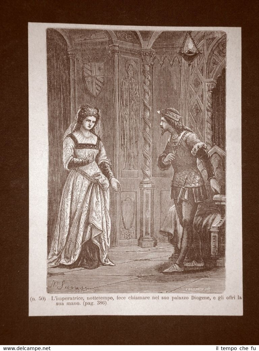 Stampa del 1888 L'Imperatrice romana Eudossia II e Diogene