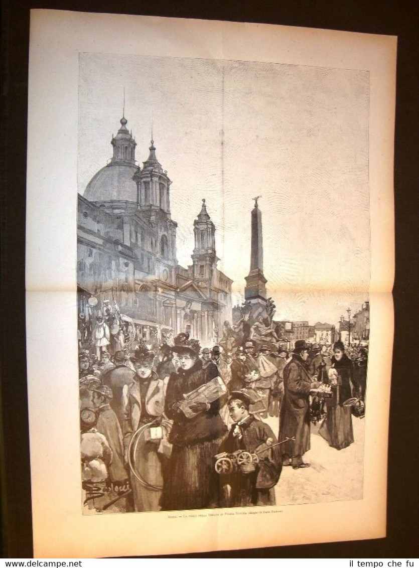 Stampa enorme del 1894 Roma La Fiera della Befana in …