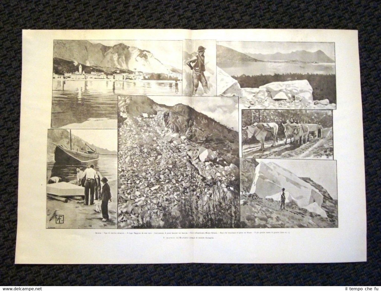 Stampa enorme del 1898 I graniti di Baveno Minatore, Lago …