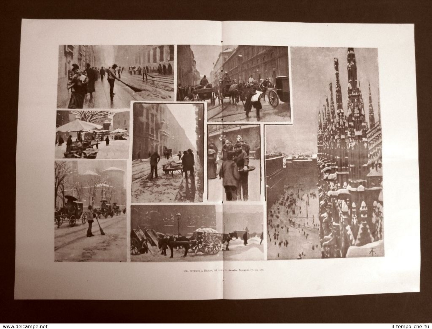 Stampa enorme del 1899 L'inconsueta nevitaca in Milano Lombardia