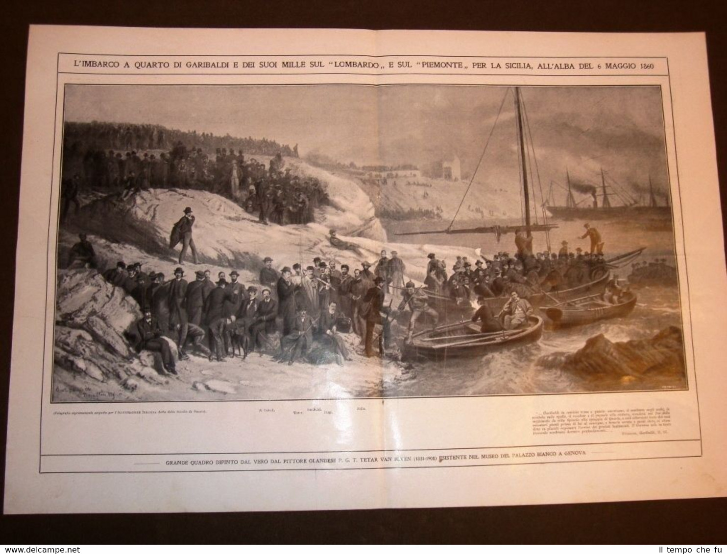 Stampa enorme del 1910 Giuseppe Garibaldi e l'imbarco a Quarto …