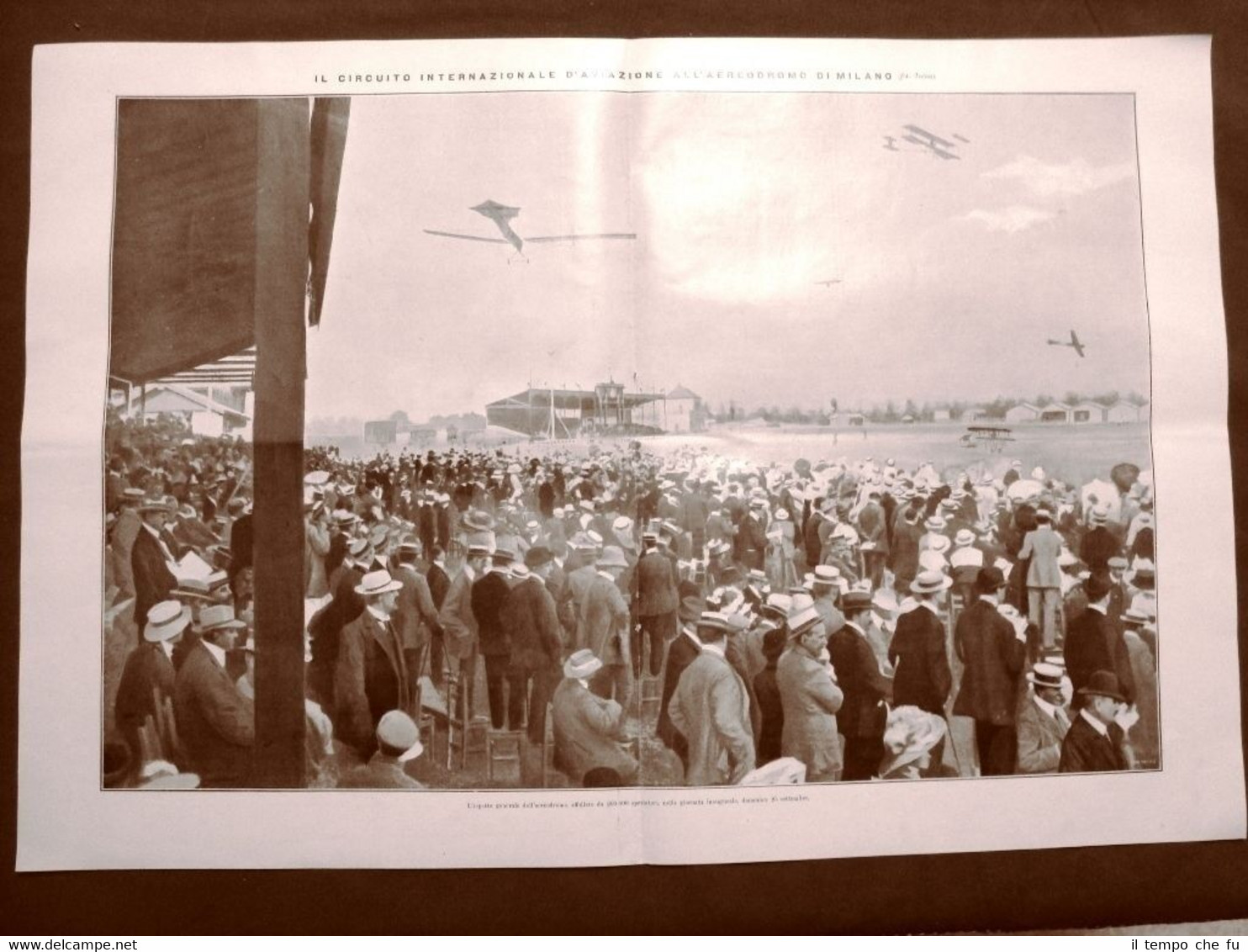 Stampa enorme del 1910 La settimana d'Aviazione in Milano con …