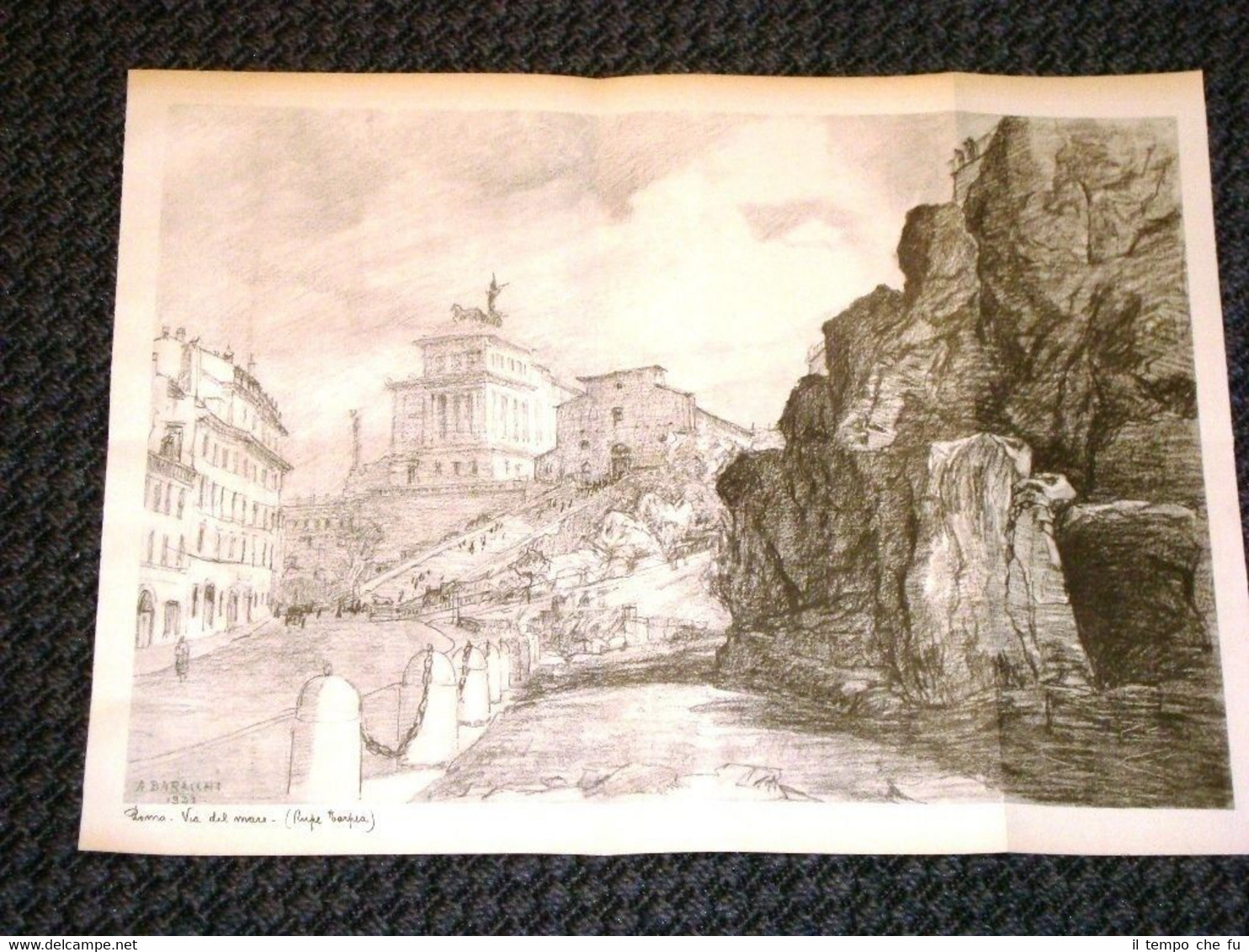 Stampa enorme del 1937 Roma - Via del mare Rupe …