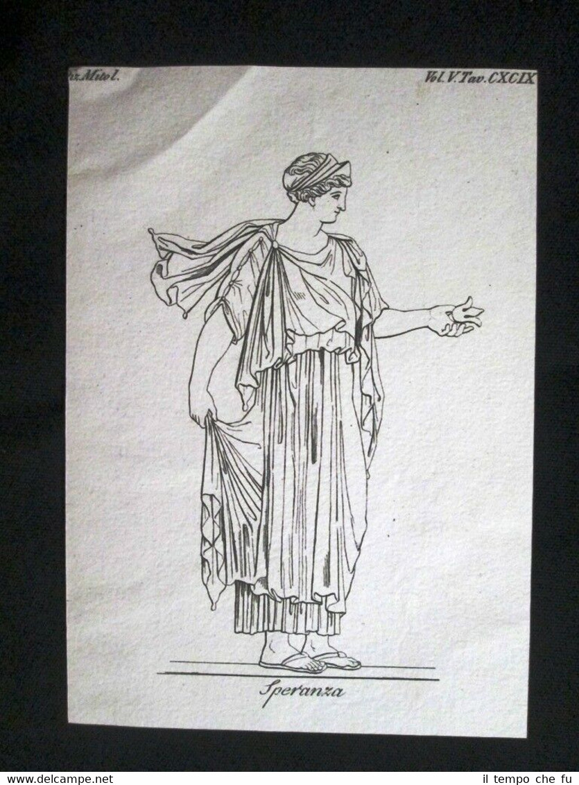 Statua Dea della Speranza Incisione all'acquaforte del 1820 Mitologia Pozzoli
