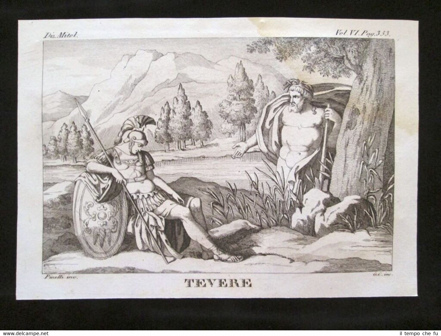 Tevere, Roma Incisione all'acquaforte del 1820 Mitologia Pozzoli