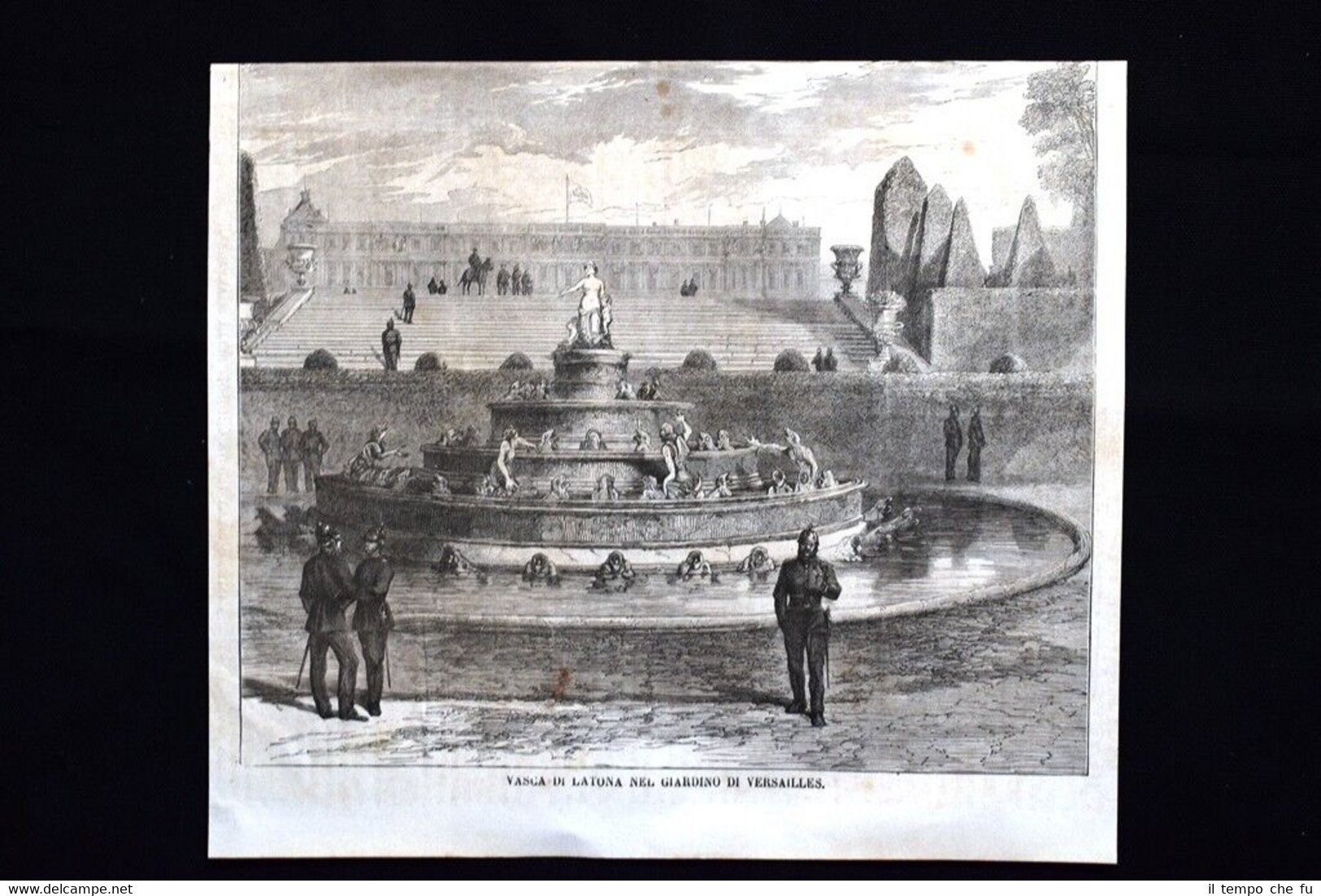 Vasca Latona,Versailles + Castello vedova Clicquot,Sciampagna Incisione del 1870