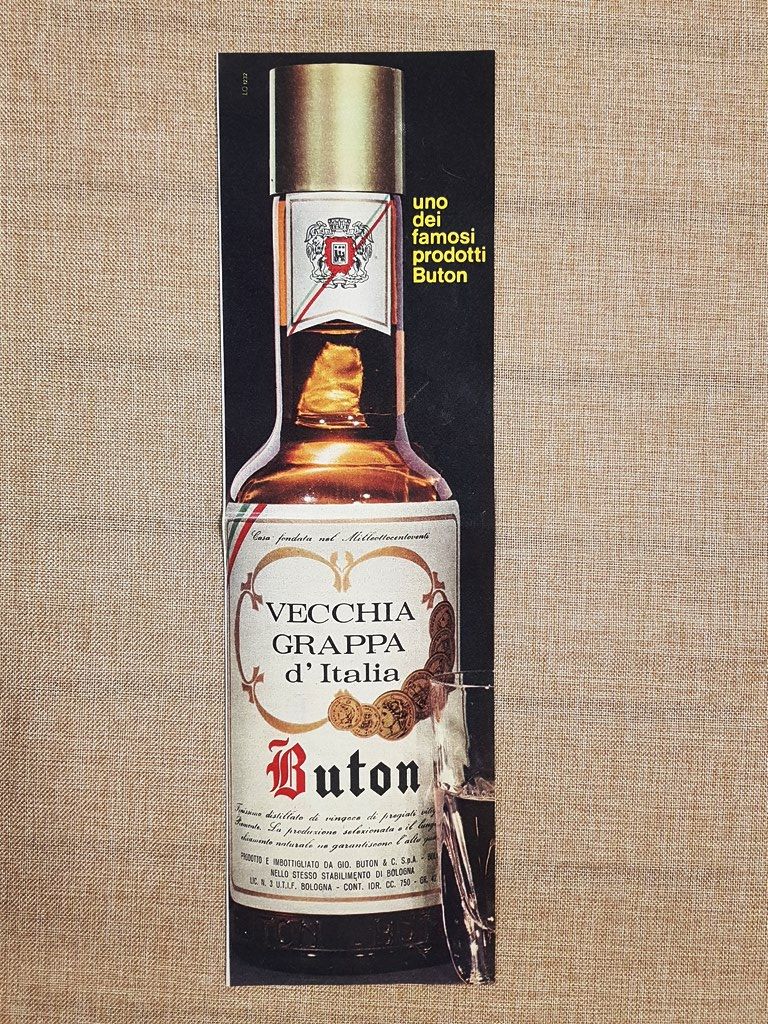 Vecchia grappa d'Italia Buton Pubblicità vintage anni '70