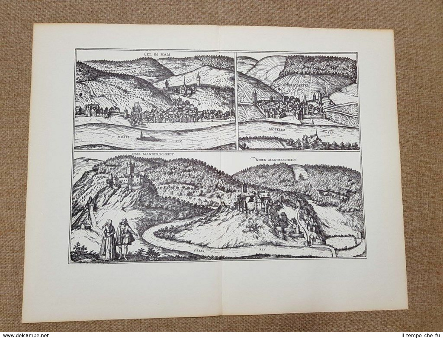 Vedute città Zell Berncastel Manderscheid Germania 1610 Braun Hogenberg Ristampa