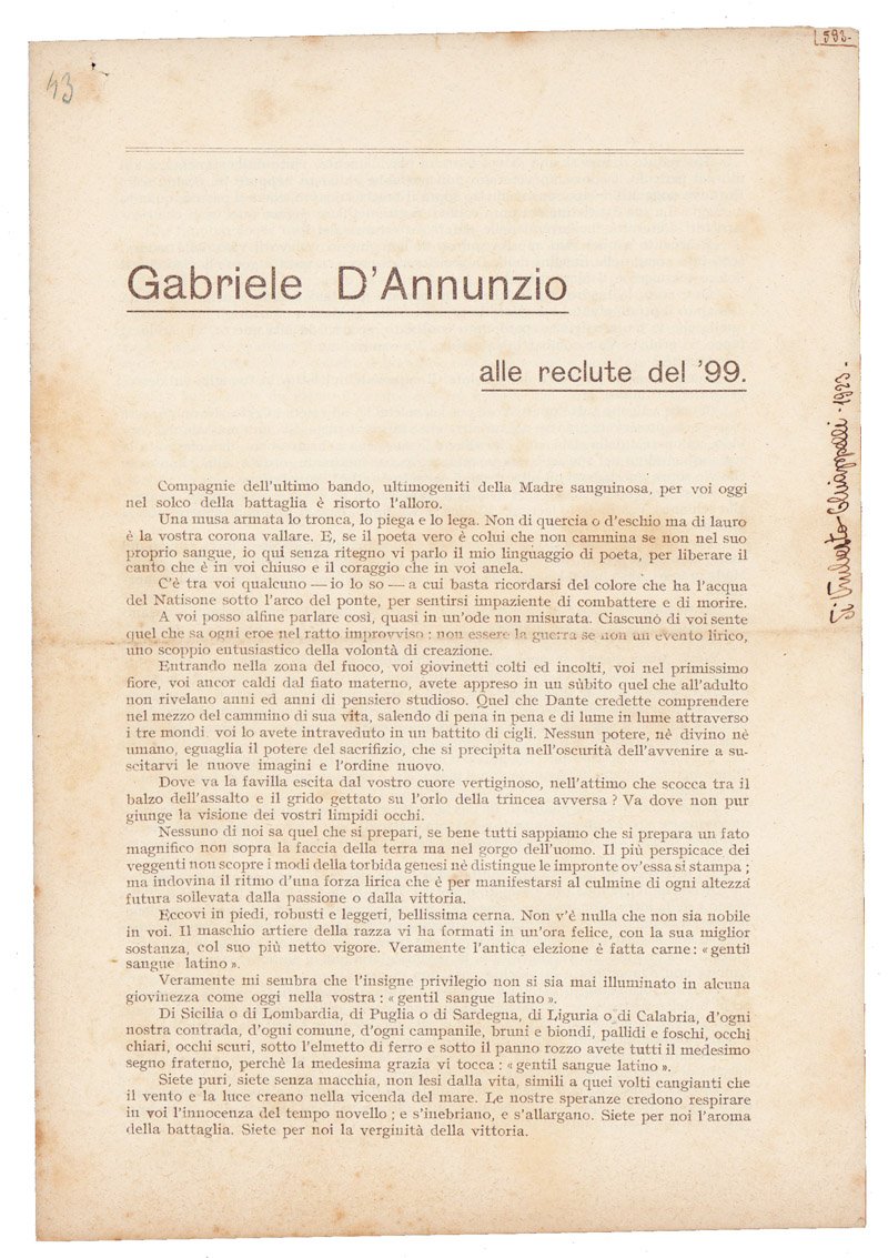 Gabriele d'Annunzio alle reclute del '99