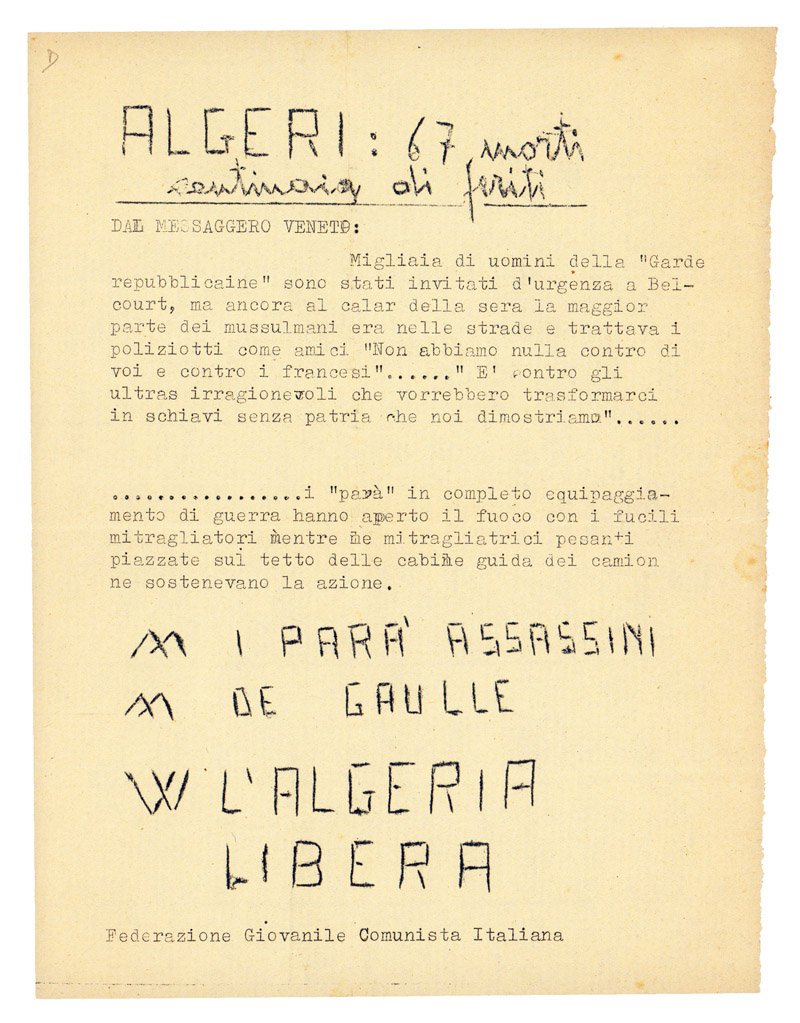 Guerra d'Algeria. Volantino della Federazione giovanile comunista italiana contro la …