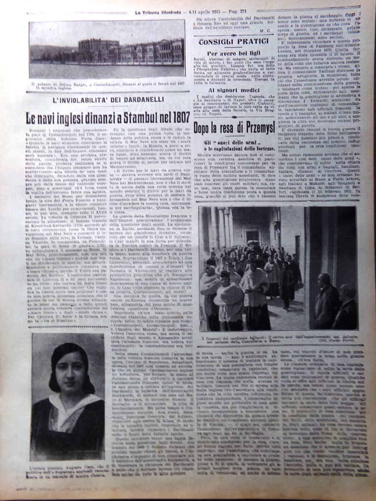 Articolo del 1915 WW1 Inviolabilità Dardanelli Funerali Agliardi Augusta Coen