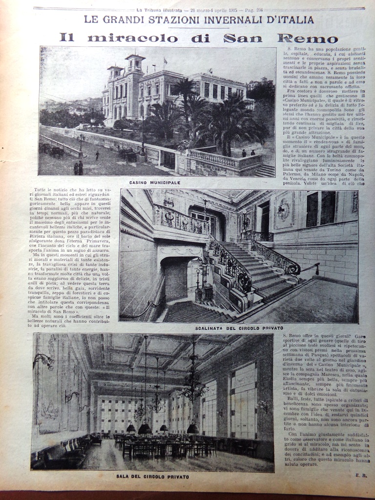 Articolo del 1915 WW1 Stazioni Invernali d'Italia Miracolo di Sanremo …