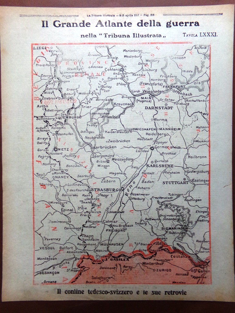 Articolo del 1917 WW1 Grande Atlante Guera Confine Germania Svizzera …