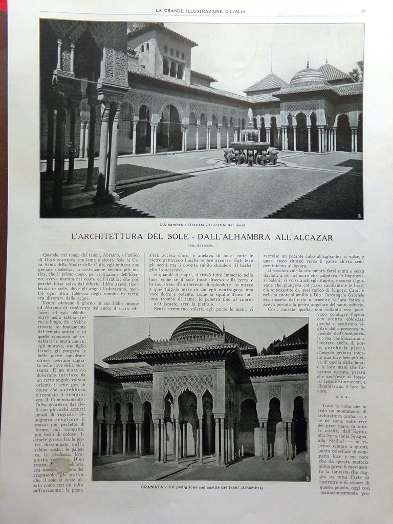 Articolo del 1925 Architettura del Sole Alhambra Alcazar Granata Siviglia …