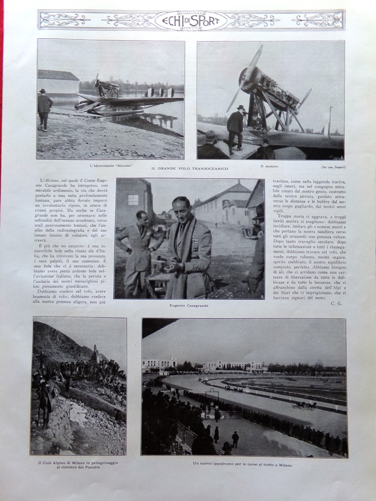 Articolo del 1925 Casagrande Alcione Alpini Ippodromo Milano Traforo Stelvio