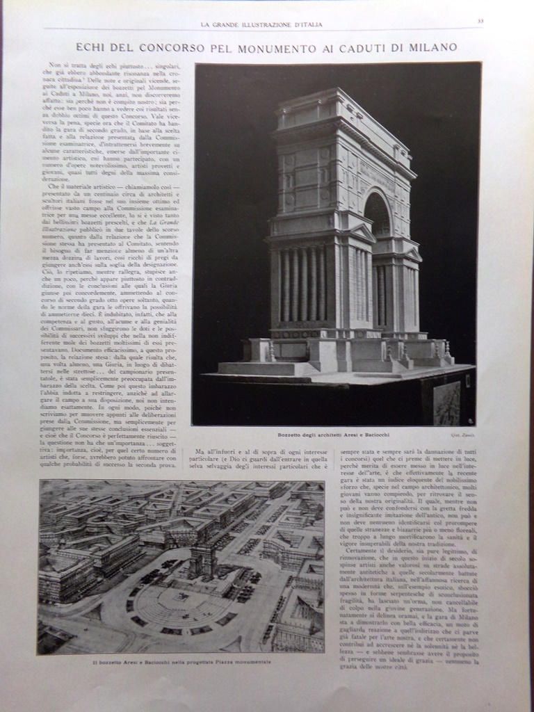 Articolo del 1925 Concorso Monumento Caduti Milano Aresi Baciocchi Muzio …