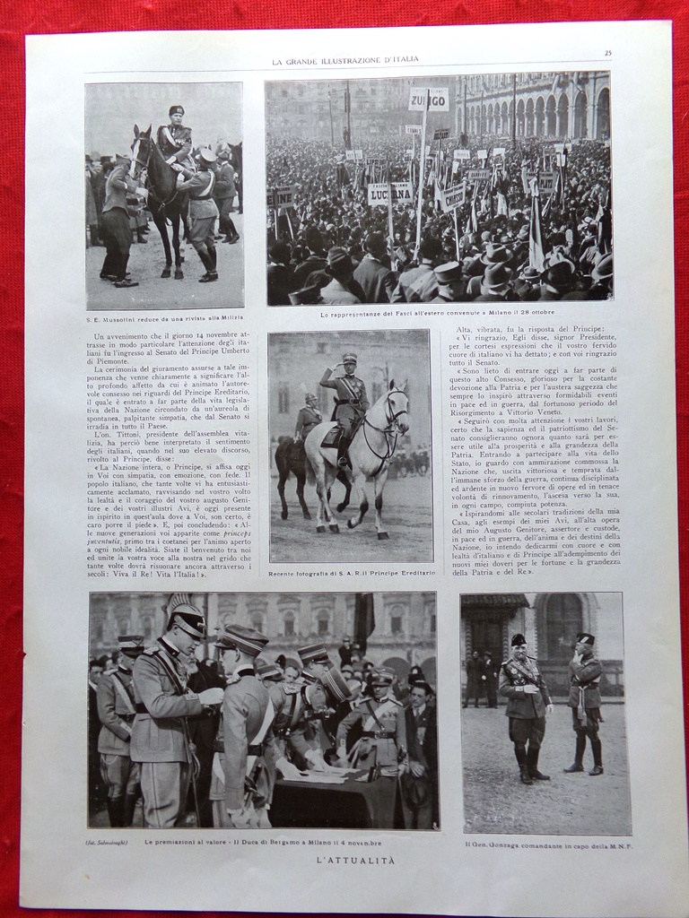 Articolo del 1925 Mussolini Fasci Gonzaga Duca Bergamo Angelo Musco …