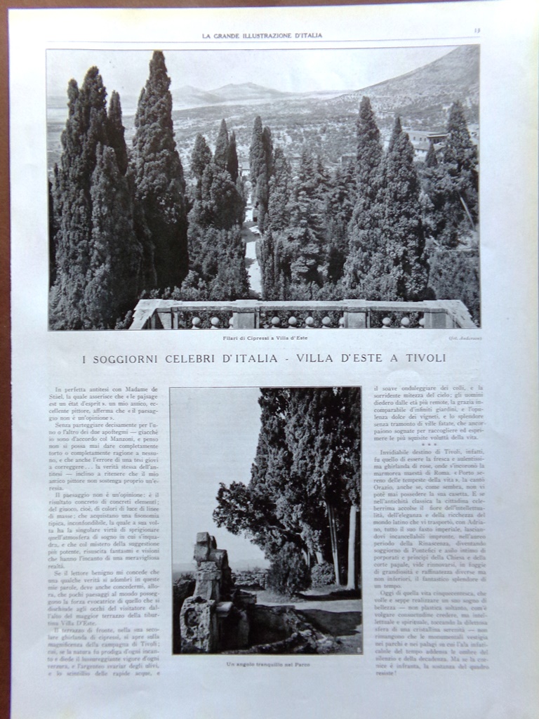 Articolo del 1925 Soggiorni Celebri d'Italia Villa d'Este a Tivoli …