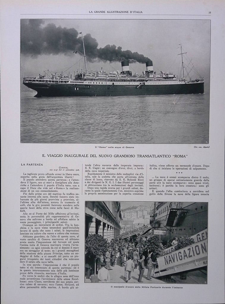 Articolo del 1926 Il Viaggio Inaugurale del Nuovo Grandioso Transatlantico …