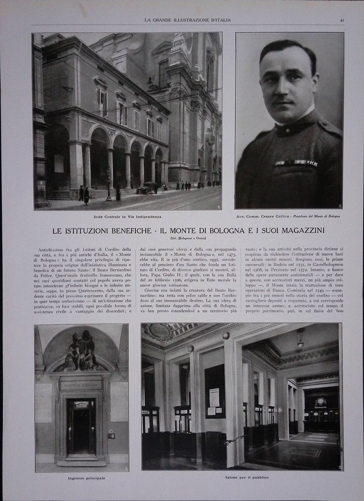 Articolo del 1927 Istituzioni Benefiche Monte Bologna Magazzini Colliva Sede