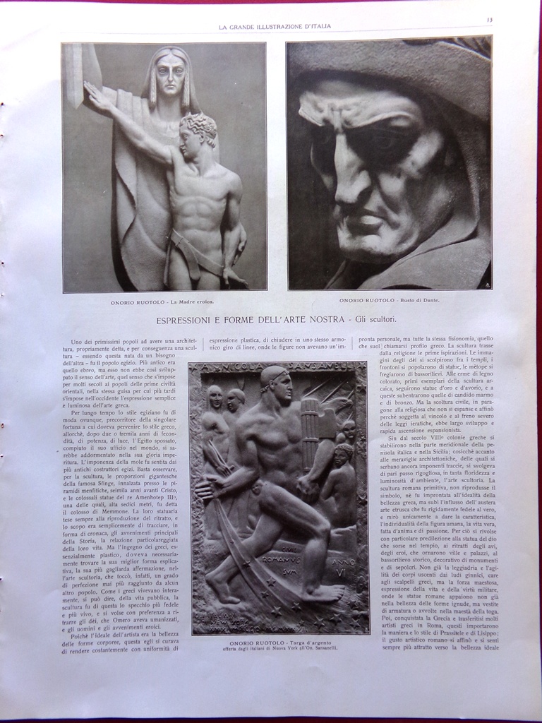 Articolo del 1928 Espressioni Forme dell'Arte Nostra Scultori Piccirilli Ruotolo