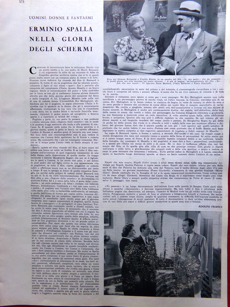 Articolo del 1939 Erminio Spalla gloria degli schermi Gemma Bolognesi …