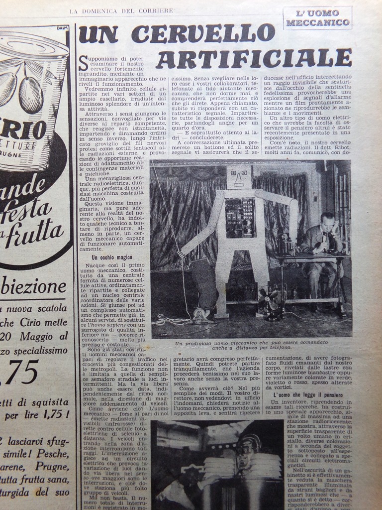 Articolo del 1939 Uomo Meccanico Robot Cervello Artificiale Ugo D'Atella