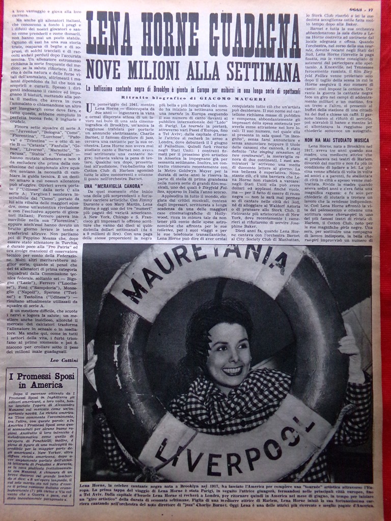 Articolo del 1952 Il guadagno della cantante di Colore Lena …