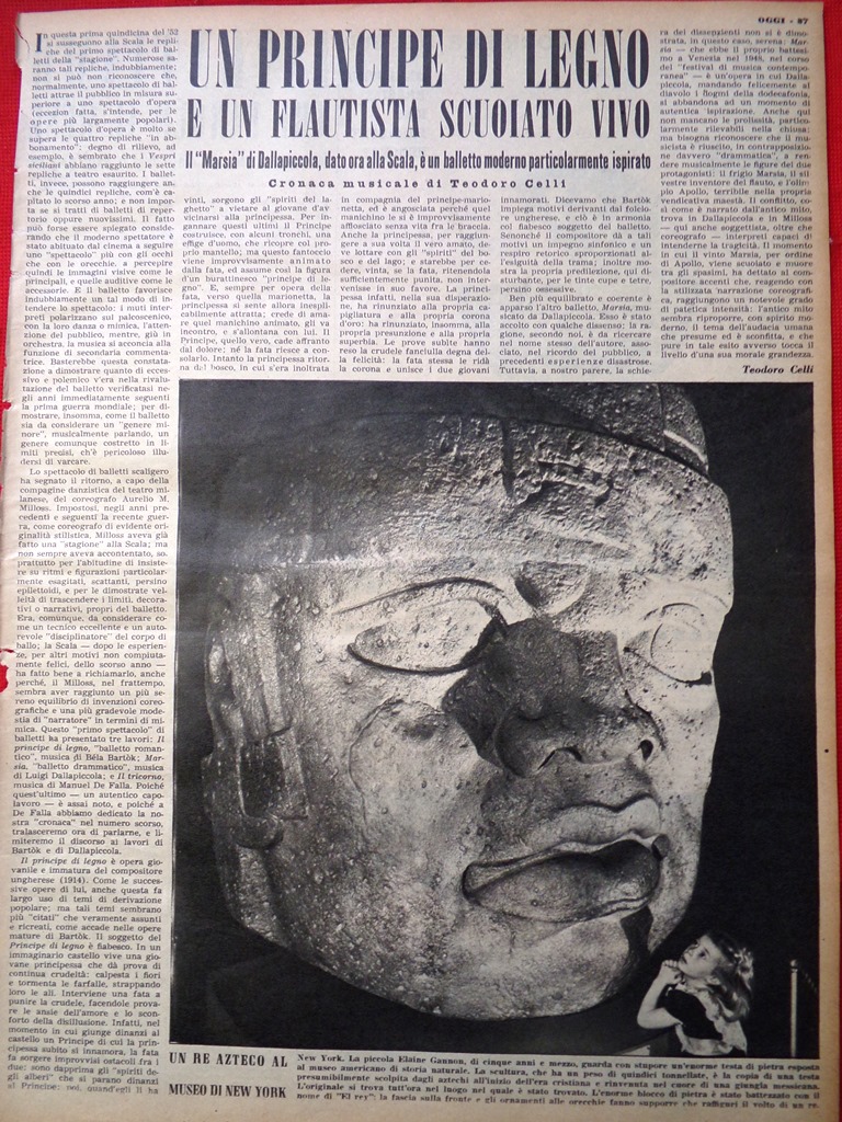 Articolo del 1952 Marsia Dallapiccola Scala Principe Re Azteco Museo …