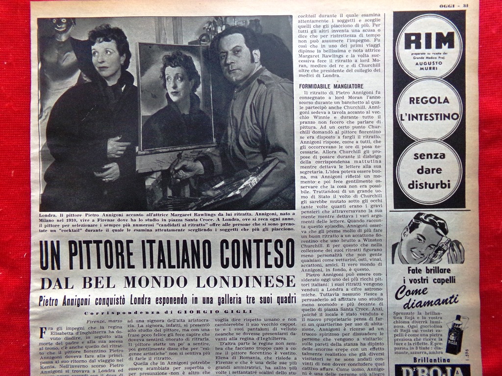 Articolo del 1952 Pittore Italiano Conteso Pietro Annigoni Londra Gigli