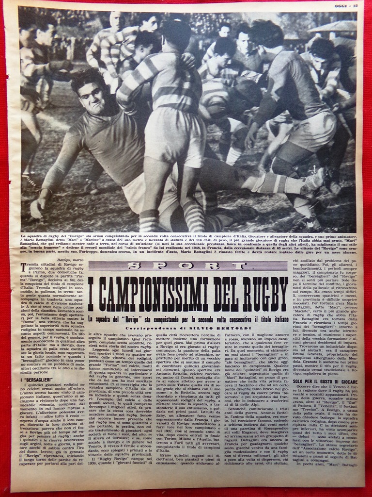 Articolo del 1952 Sport Campionissimi Rugby Squadra Rovigo Battaglini Bertoldi