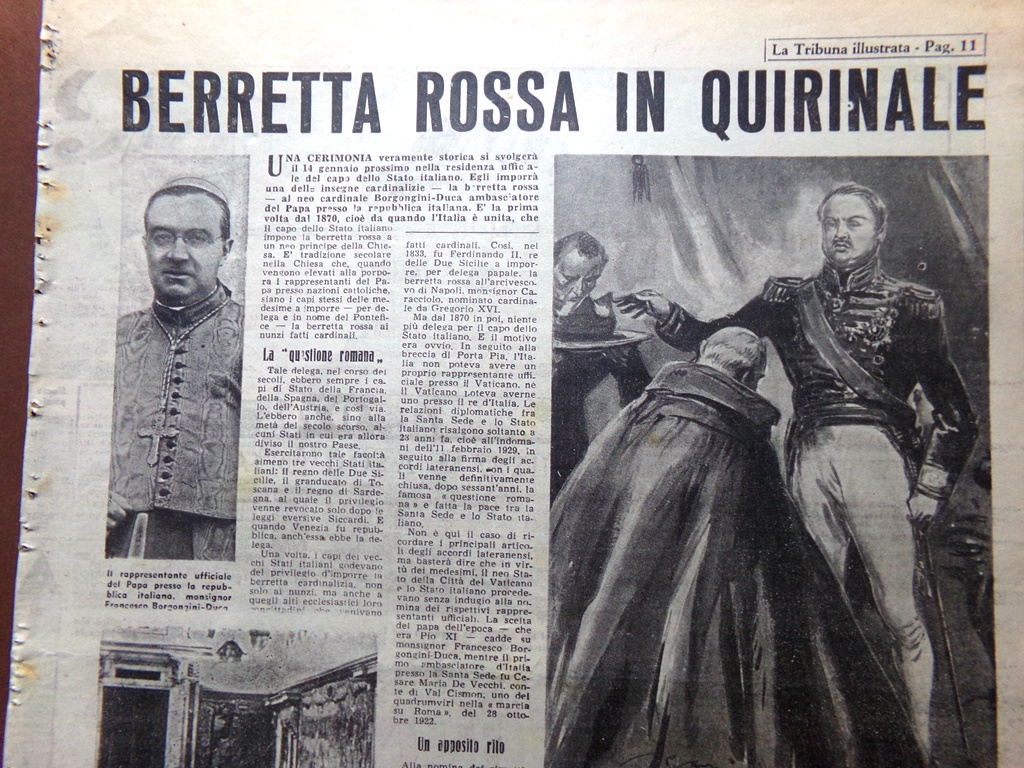 Articolo del 1953 Berretta Borgonzini Cardinale Quirinale Presepi nel Mondo