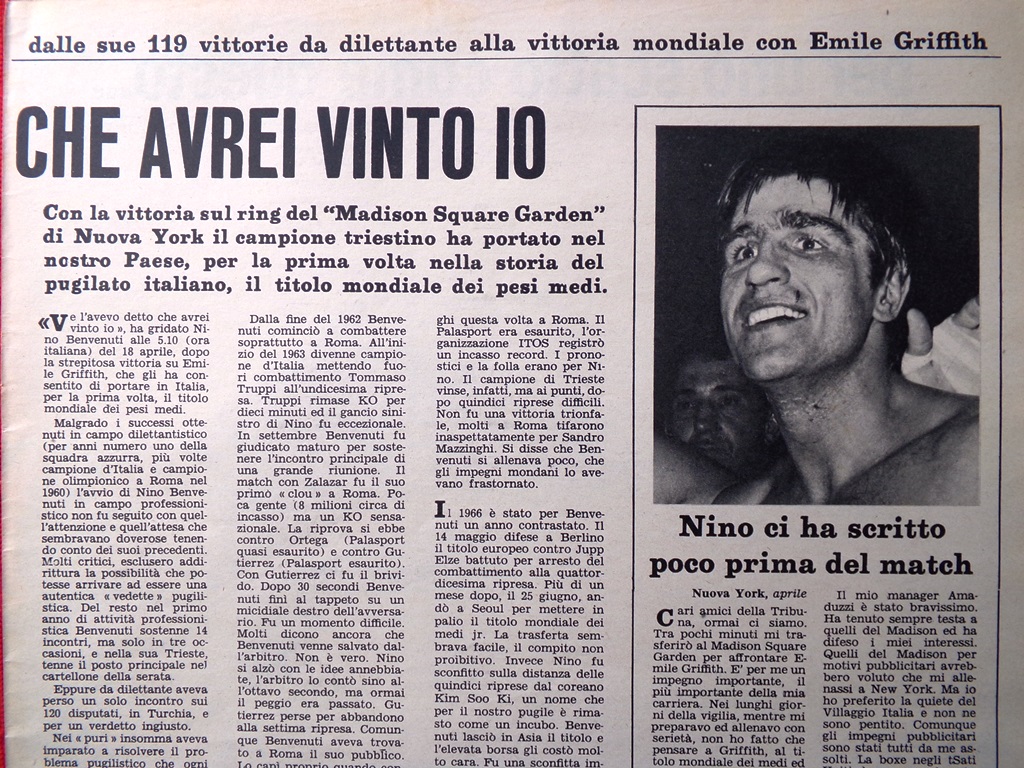 Articolo del 1967 La vittoria di Nino Benvenuti contro Emile …