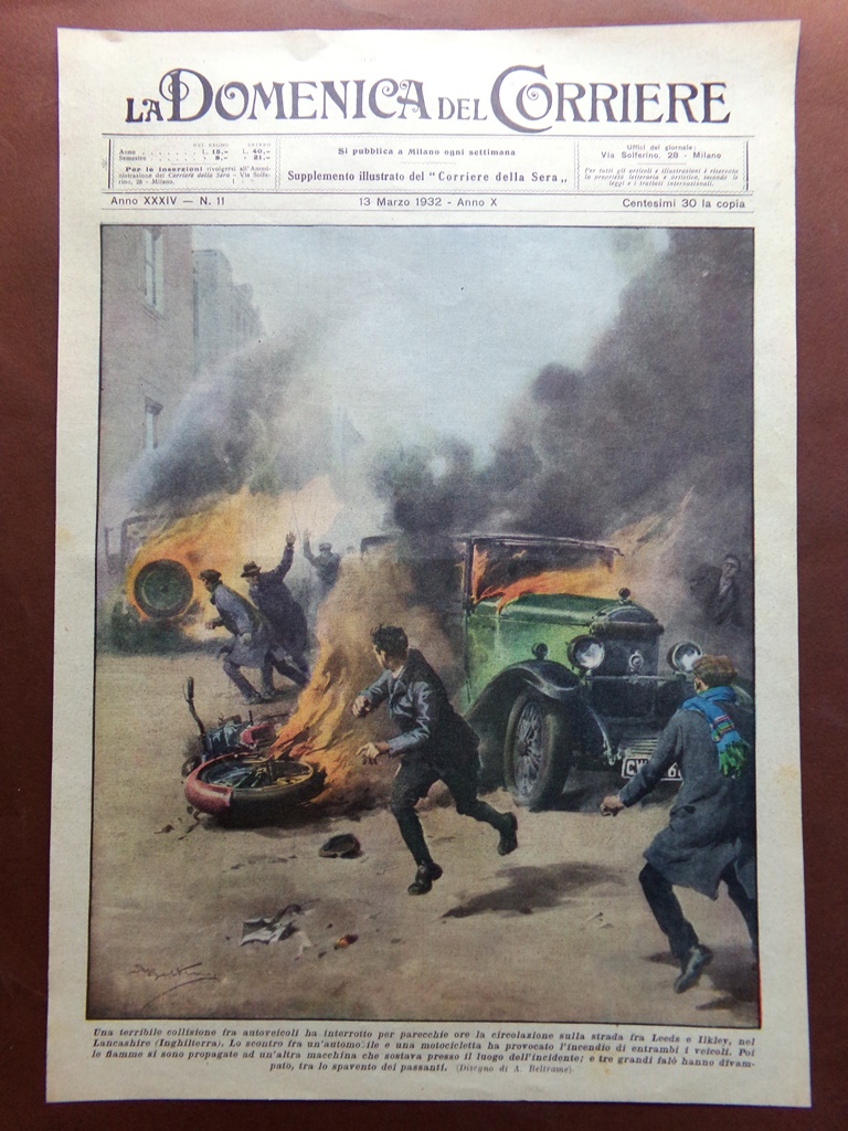 Copertina Domenica Corriere nr. 11 del 1932 Incidente a Leeds …