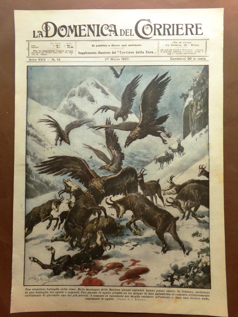 Copertina Domenica Corriere nr. 13 del 1927 Battaglia Aquile Camosci …
