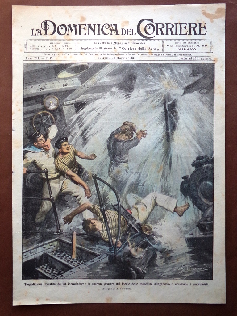 Copertina Domenica Corriere nr. 17 del 1910 Torpediniera Incrociatore Macchine