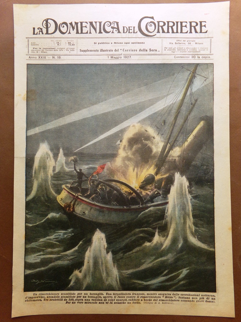 Copertina Domenica Corriere nr. 18 del 1927 Rimorchiatore Hetre Colpito …