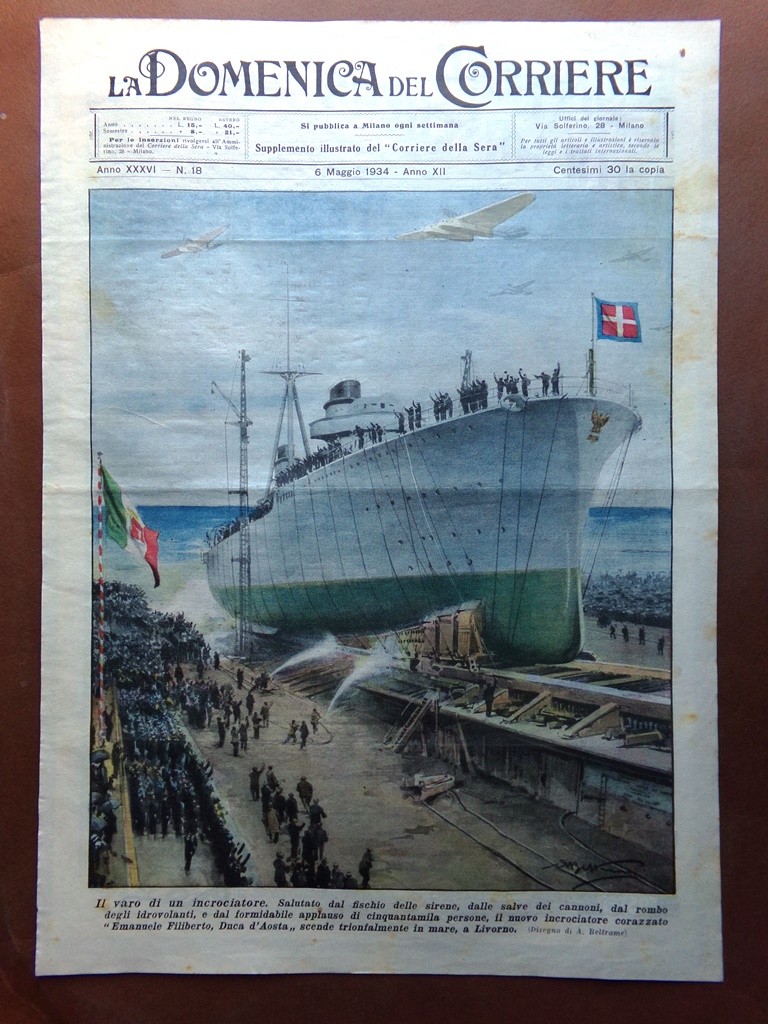 Copertina Domenica Corriere nr. 18 del 1934 Varo Incrociatore Emanuele …