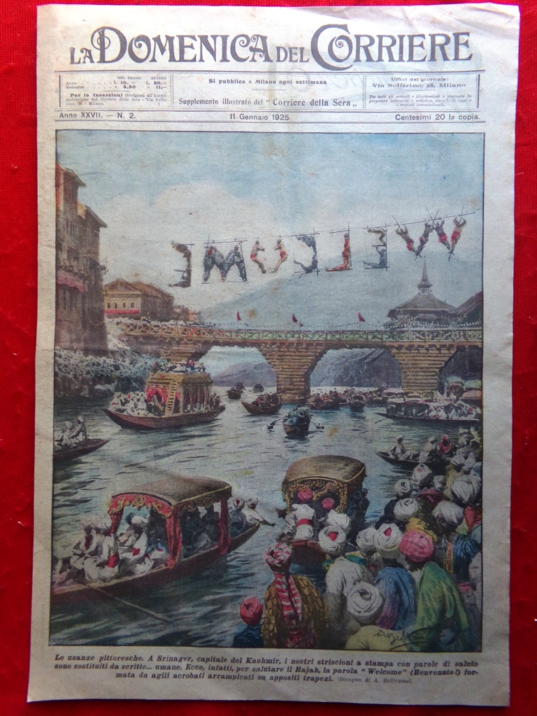 Copertina Domenica Corriere nr. 2 del 1925 Srinager Kashmir Welcome …