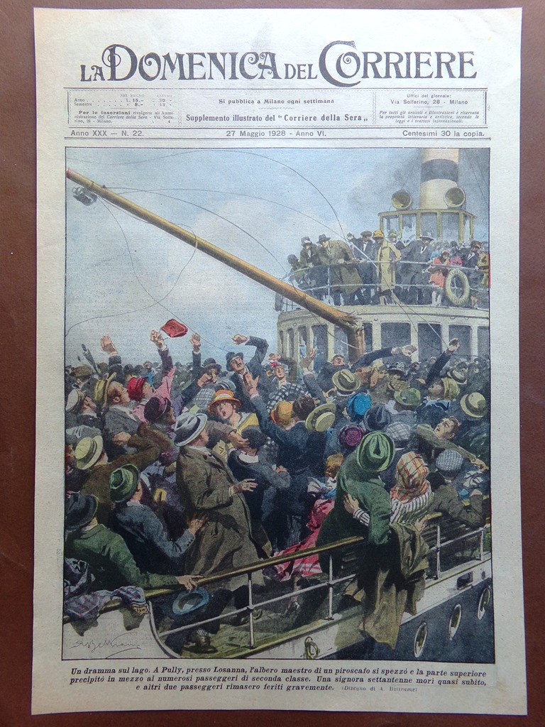 Copertina Domenica Corriere nr. 22 del 1928 Dramma sul Lago …