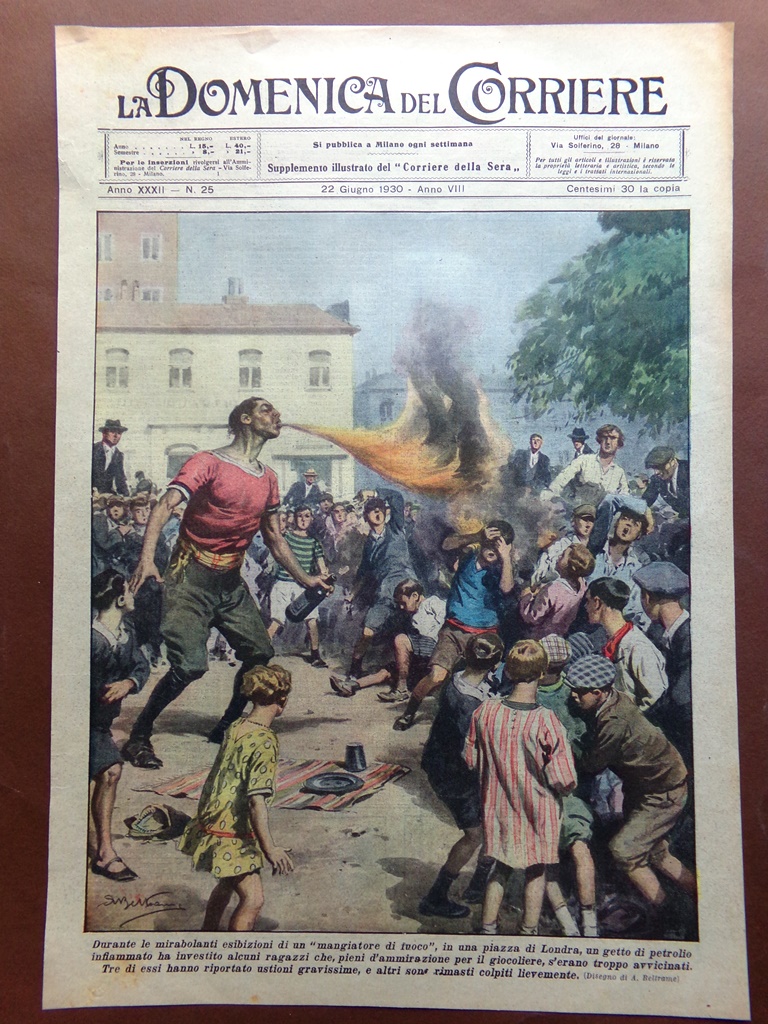 Copertina Domenica Corriere nr. 25 del 1930 Mangiatore di Fuoco …