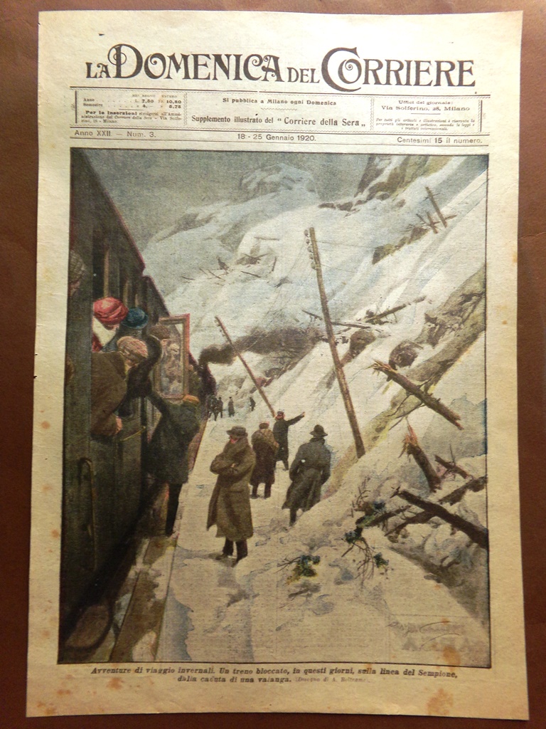 Copertina Domenica Corriere nr. 3 del 1920 Treno Bloccato Valanga …