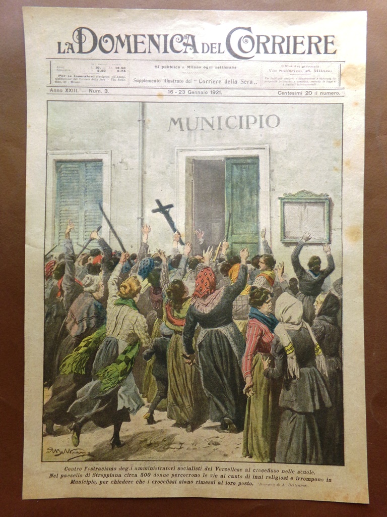 Copertina Domenica Corriere nr. 3 del 1921 Crocefisso Scuole Vercelli …