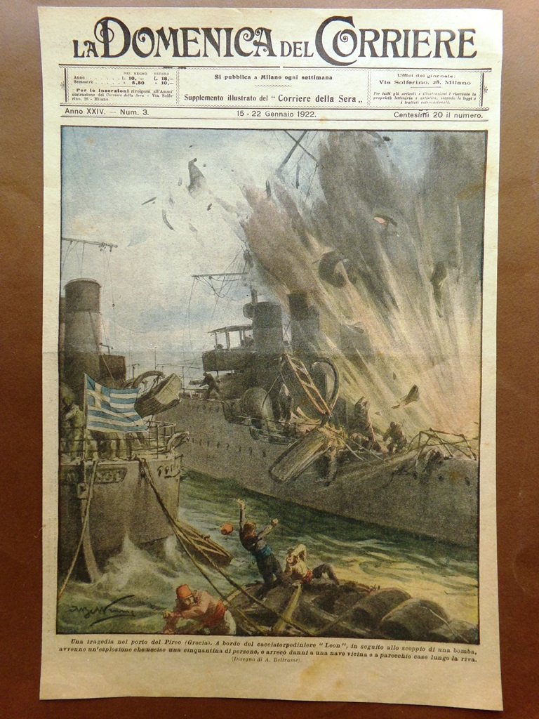 Copertina Domenica Corriere nr. 3 del 1922 Esplosione nave Leon …