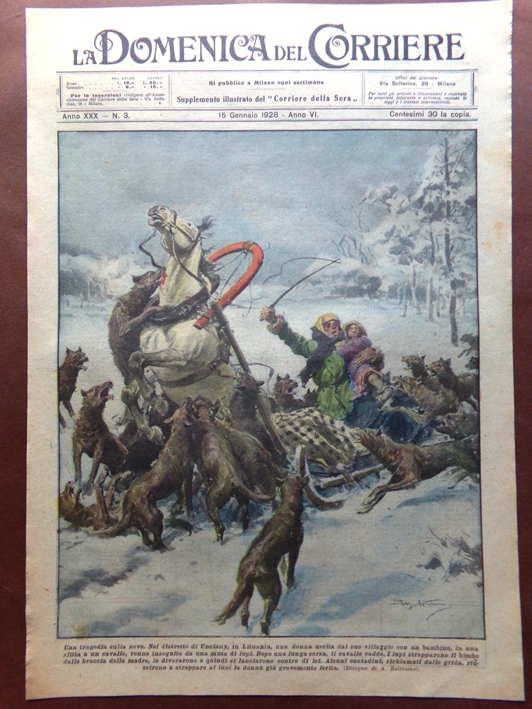 Copertina Domenica Corriere nr. 3 del 1928 Tragedia sulla Neve …