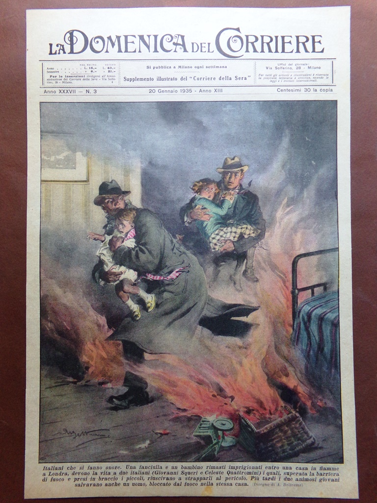 Copertina Domenica Corriere nr. 3 del 1935 Incendio Casa Londra …