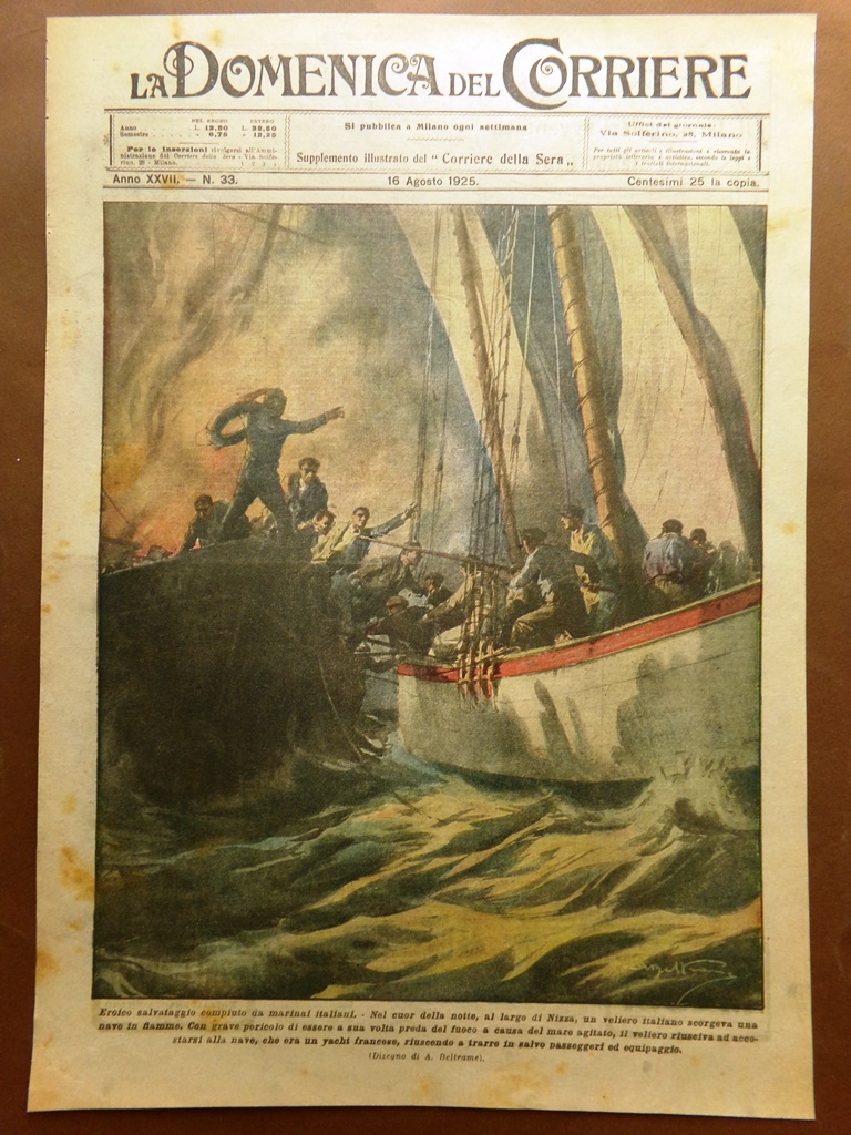Copertina Domenica Corriere nr. 33 del 1925 Salvataggio Marinai largo …