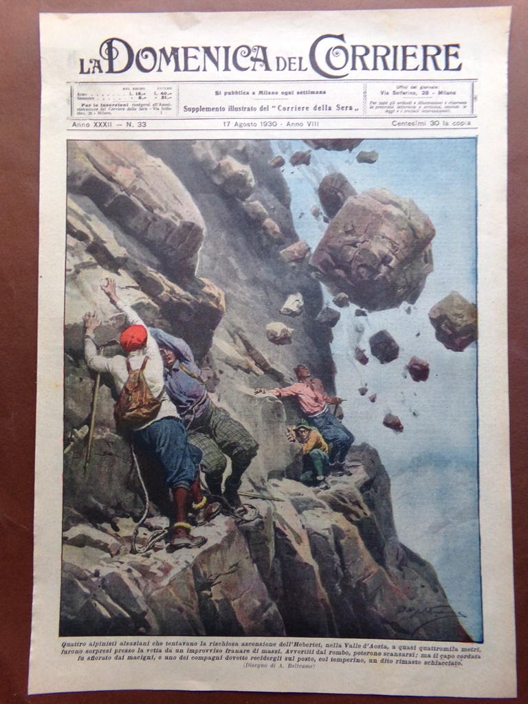 Copertina Domenica Corriere nr. 33 del 1930 Alpinisti Alsaziani Hebertet …